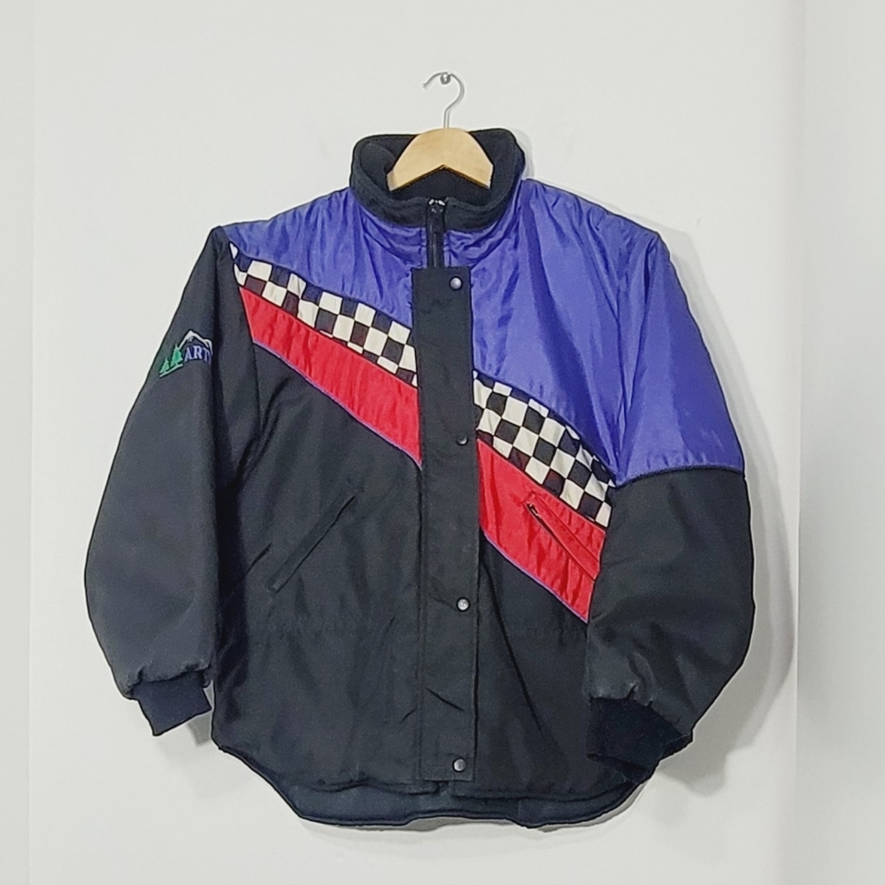 Vintage ARTIK Oversized Retro Black Winter Red Purple Color Block Pockets Jacket